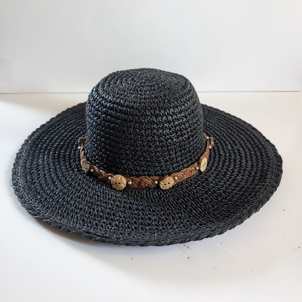 Tropical Trends Black Woven Sun Hat with Brown Band